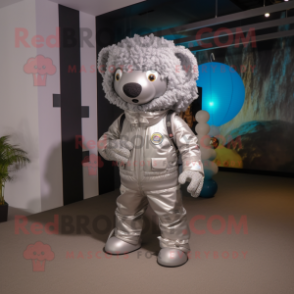 Silver Champagne mascot costume character dressed with a Romper and Backpacks