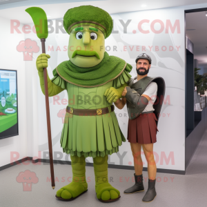 Lime Green Roman Soldier mascot costume character dressed with a Henley Shirt and Hairpins
