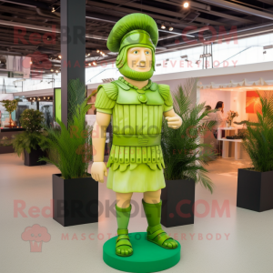 Lime Green Roman Soldier mascot costume character dressed with a Henley Shirt and Hairpins