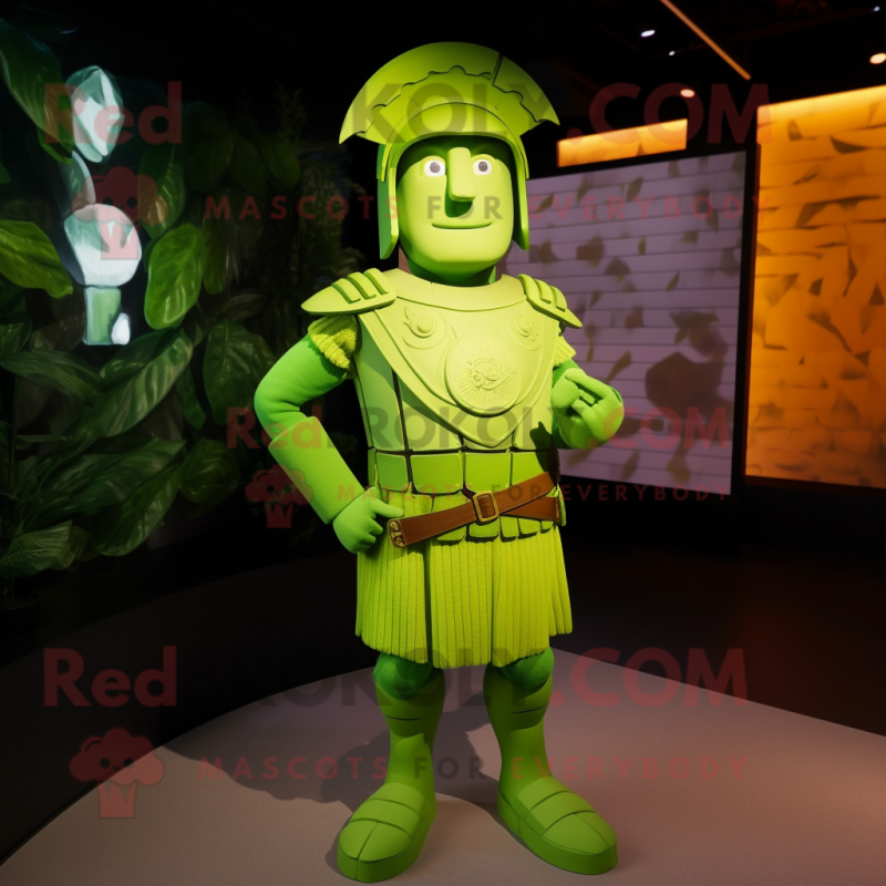 Lime Green Roman Soldier mascot costume character dressed with a Henley Shirt and Hairpins