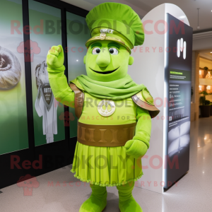 Lime Green Roman Soldier mascot costume character dressed with a Henley Shirt and Hairpins