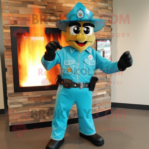 Turquoise Fire Fighter mascot costume character dressed with a Leather Jacket and Ties