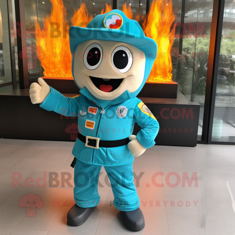 Turquoise Fire Fighter mascot costume character dressed with a Leather Jacket and Ties