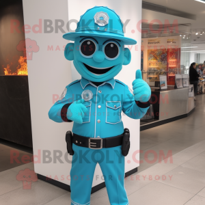 Turquoise Fire Fighter mascot costume character dressed with a Leather Jacket and Ties