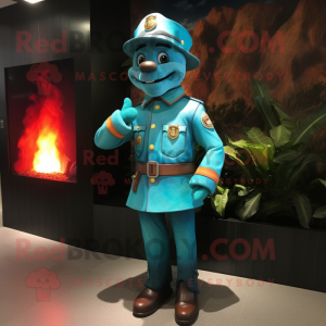 Turquoise Fire Fighter mascot costume character dressed with a Leather Jacket and Ties
