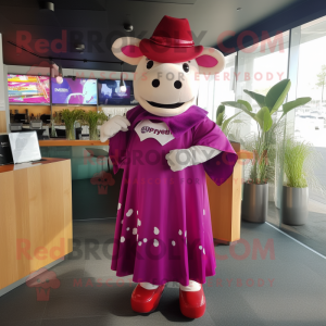 Magenta Hereford Cow mascot costume character dressed with a Midi Dress and Caps