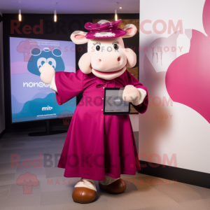 Magenta Hereford Cow mascot costume character dressed with a Midi Dress and Caps