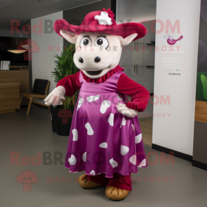 Magenta Hereford Cow mascot costume character dressed with a Midi Dress and Caps