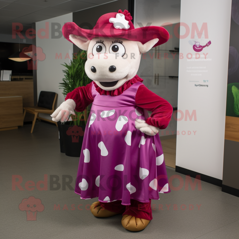 Magenta Hereford Cow mascot costume character dressed with a Midi Dress and Caps Magenta Hereford Cow mascot costume character dressed with a Midi Dress and Caps