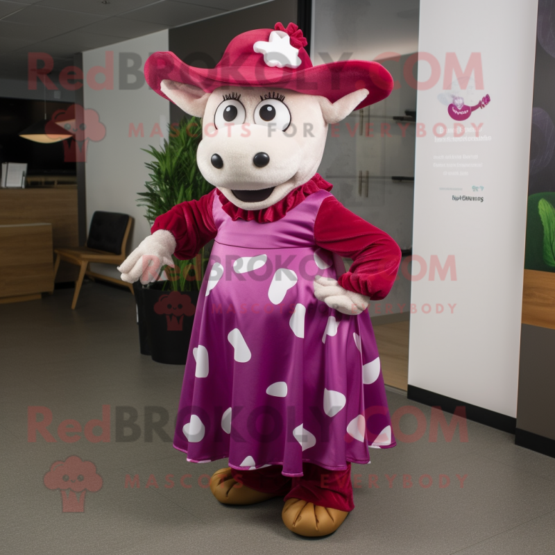 Magenta Hereford Cow mascot costume character dressed with a Midi Dress and Caps