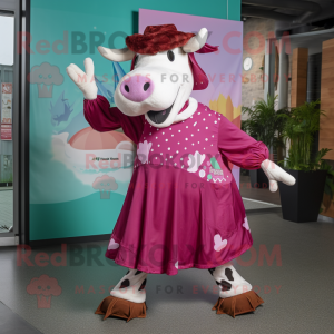 Magenta Hereford Cow mascot costume character dressed with a Midi Dress and Caps