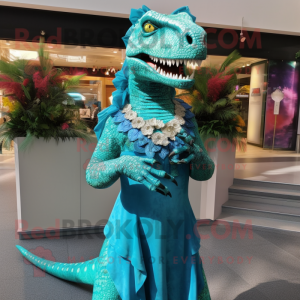Turquoise T Rex mascot costume character dressed with a Evening Gown and Brooches