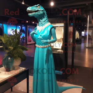 Turquoise T Rex mascot costume character dressed with a Evening Gown and Brooches