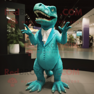 Turquoise T Rex mascot costume character dressed with a Evening Gown and Brooches