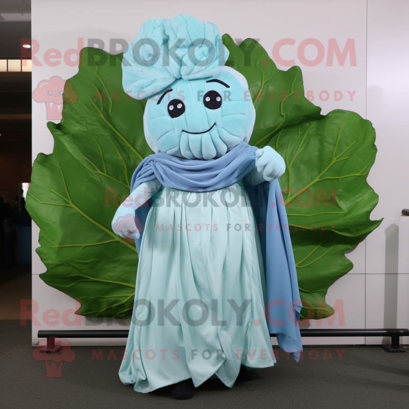 Sky Blue Cabbage Leaf mascot costume character dressed with a Evening Gown and Scarf clips Sky Blue Cabbage Leaf mascot costume character dressed with a Evening Gown and Scarf clips