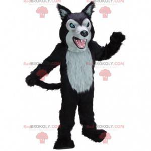 Czarno-szara maskotka zaciekły wilk, kostium gigantycznego