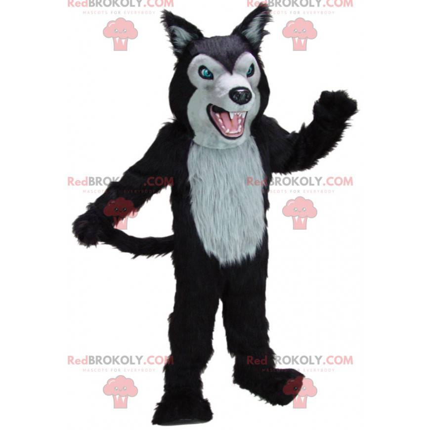 Black and gray fierce wolf mascot, giant wolf costume -
