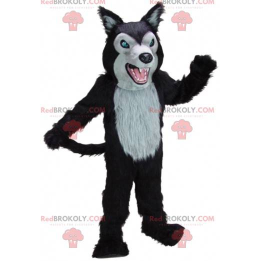 Mascotte lupo feroce nero e grigio, costume da lupo gigante -