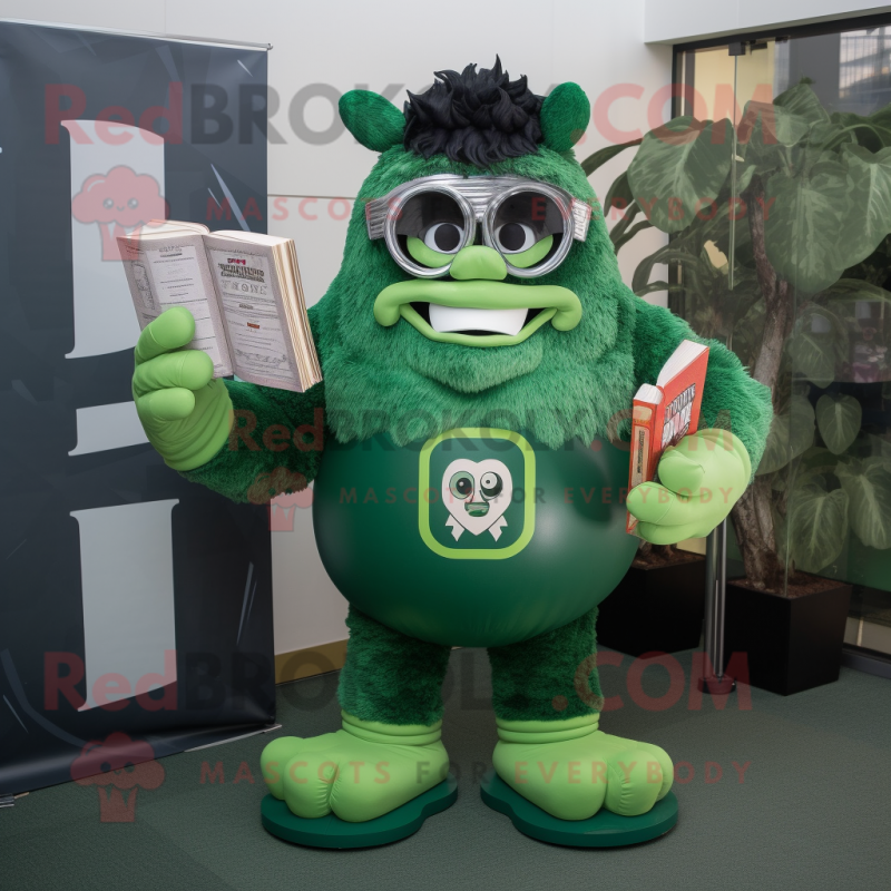 Green Strongman mascot costume character dressed with a Shift Dress and Reading glasses