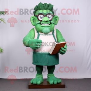 Green Strongman mascot costume character dressed with a Shift Dress and Reading glasses