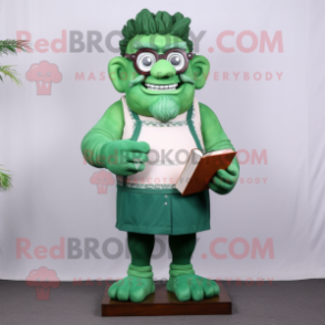 Green Strongman mascot costume character dressed with a Shift Dress and Reading glasses