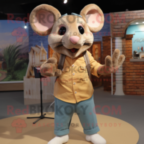 Tan Mouse mascot costume character dressed with a Henley Tee and Hairpins
