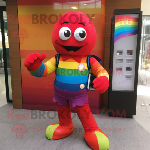Red Rainbow mascot costume character dressed with a Trousers and Wallets