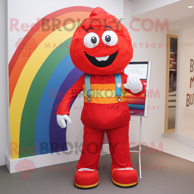 Red Rainbow mascot costume character dressed with a Trousers and Wallets Red Rainbow mascot costume character dressed with a Trousers and Wallets