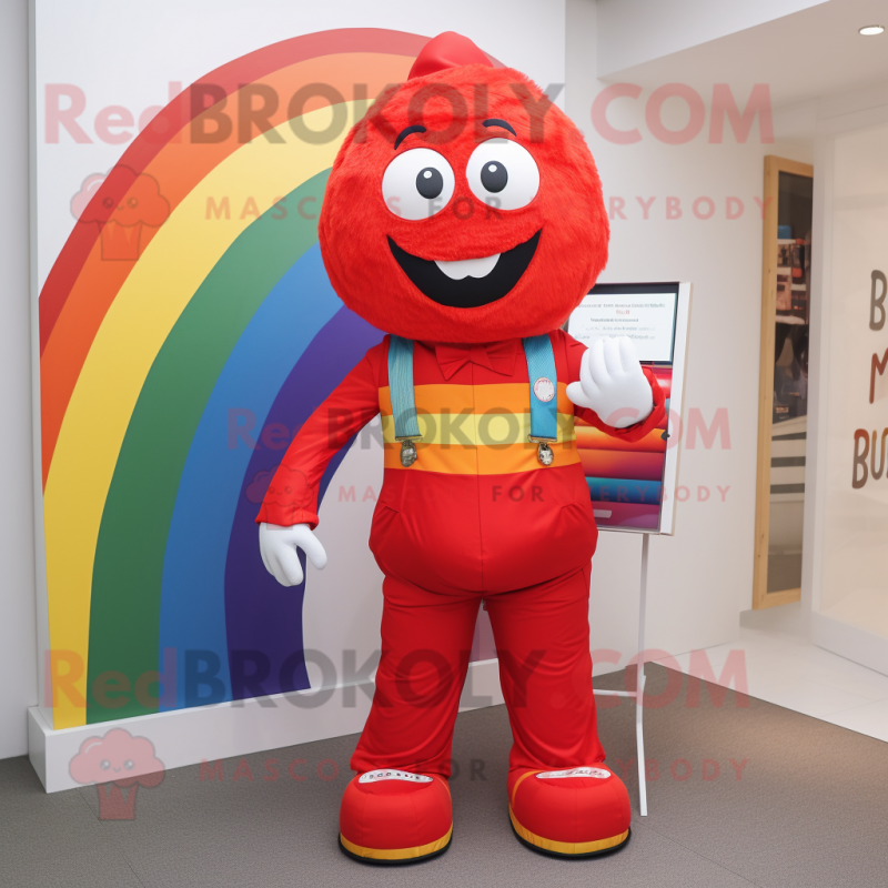 Red Rainbow mascot costume character dressed with a Trousers and Wallets