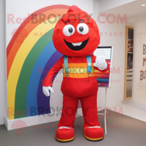 Red Rainbow mascot costume character dressed with a Trousers and Wallets