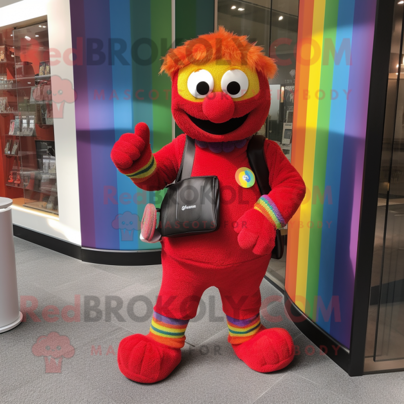 Red Rainbow mascot costume character dressed with a Trousers and Wallets