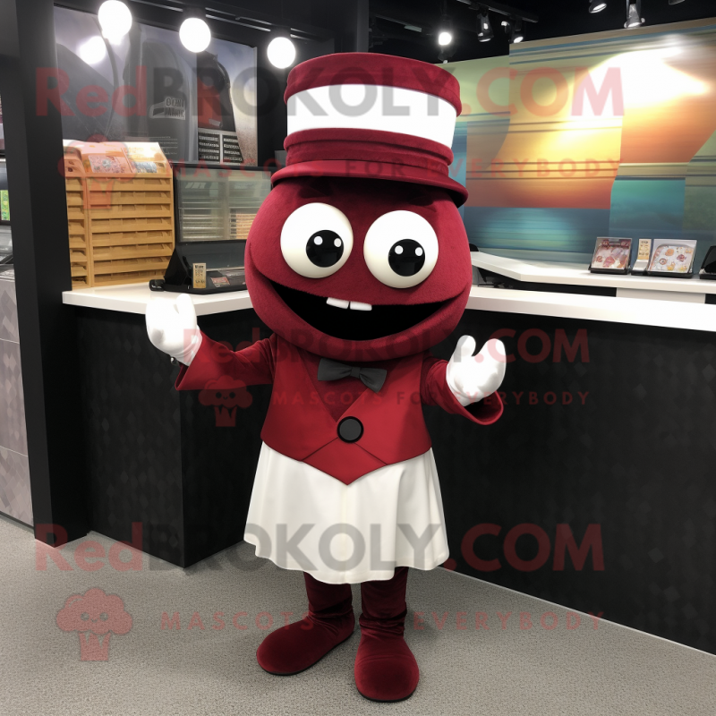 Maroon Sushi mascot costume character dressed with a A-Line Skirt and Cufflinks Maroon Sushi mascot costume character dressed with a A-Line Skirt and Cufflinks