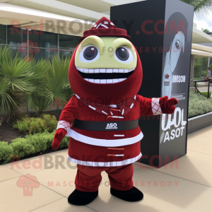 Maroon Sushi mascot costume character dressed with a A-Line Skirt and Cufflinks