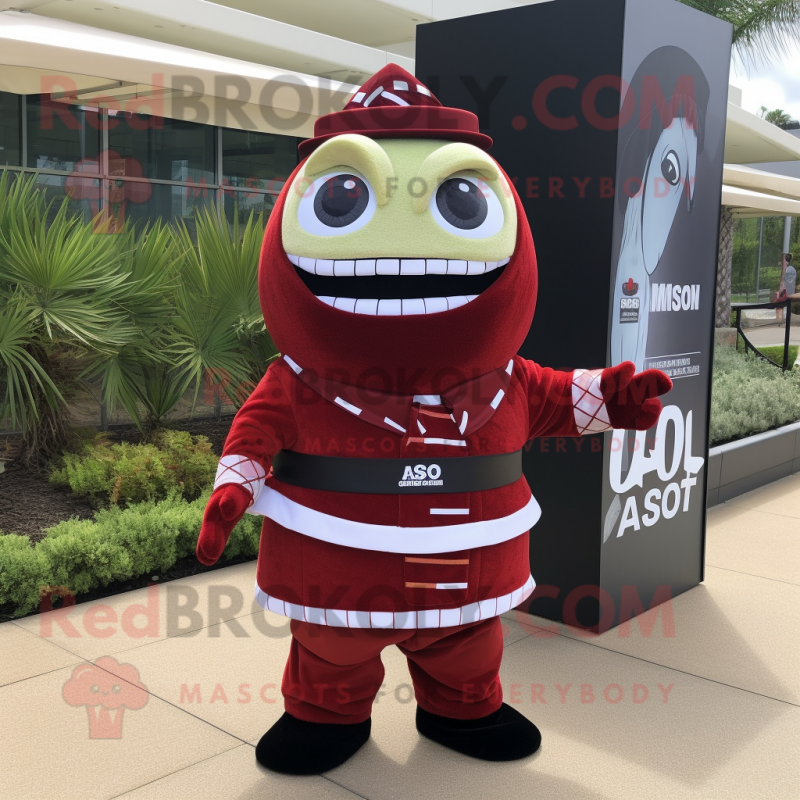 Maroon Sushi mascot costume character dressed with a A-Line Skirt and Cufflinks Maroon Sushi mascot costume character dressed with a A-Line Skirt and Cufflinks