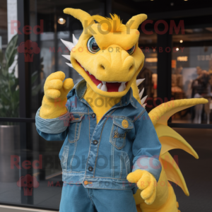 Yellow Dragon mascot costume character dressed with a Denim Shirt and Rings