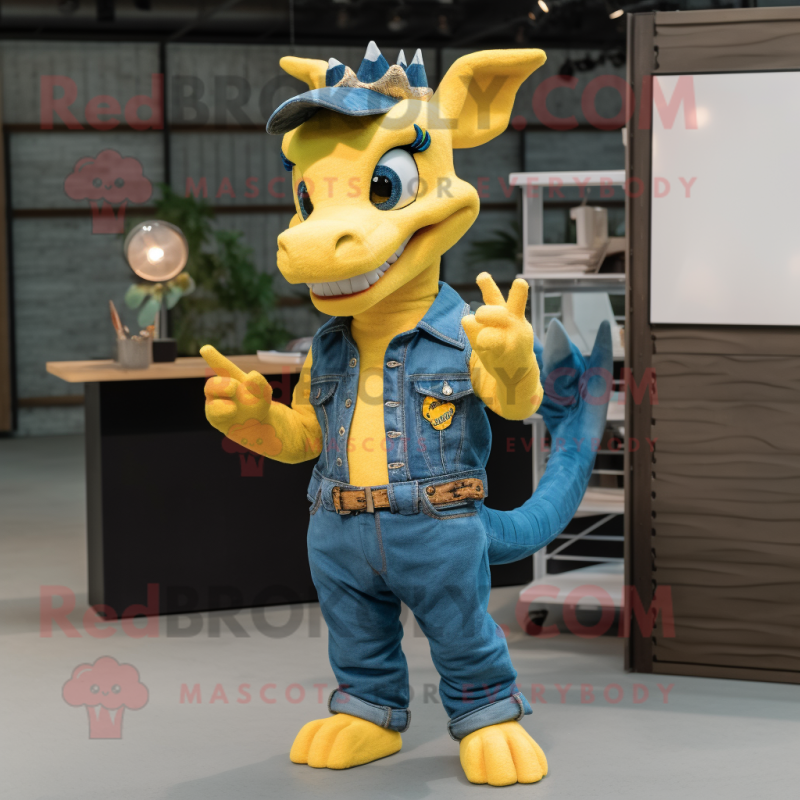 Yellow Dragon mascot costume character dressed with a Denim Shirt and Rings Yellow Dragon mascot costume character dressed with a Denim Shirt and Rings