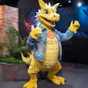 Yellow Dragon mascot costume character dressed with a Denim Shirt and Rings