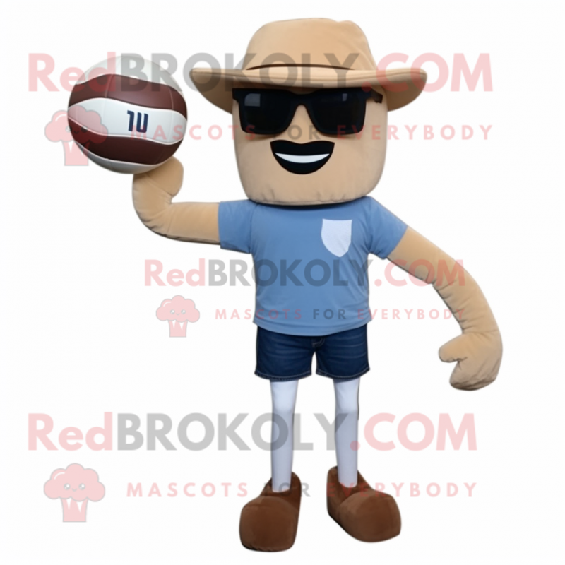 Tan Volleyball Ball mascot costume character dressed with a Bootcut Jeans and Sunglasses Tan Volleyball Ball mascot costume character dressed with a Bootcut Jeans and Sunglasses