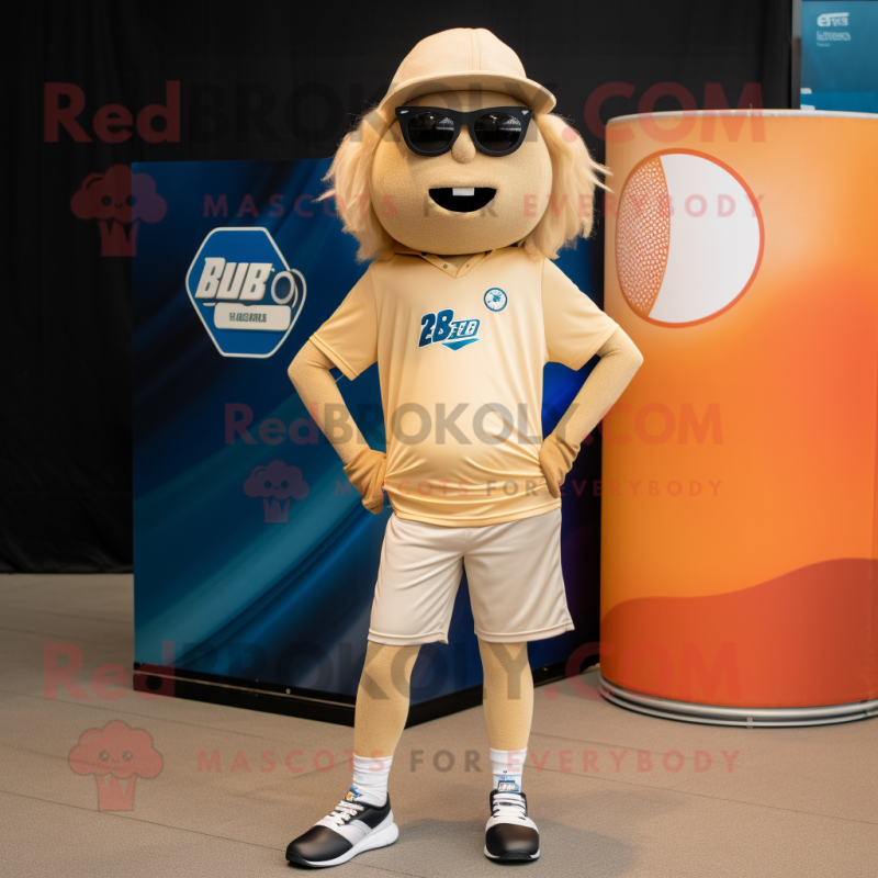 Tan Volleyball Ball mascot costume character dressed with a Bootcut Jeans and Sunglasses Tan Volleyball Ball mascot costume character dressed with a Bootcut Jeans and Sunglasses