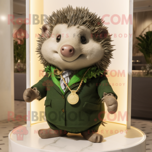 Olive Hedgehog mascot costume character dressed with a Suit Jacket and Necklaces