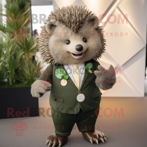 Olive Hedgehog mascot costume character dressed with a Suit Jacket and Necklaces