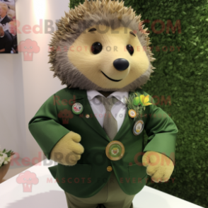 Olive Hedgehog mascot costume character dressed with a Suit Jacket and Necklaces