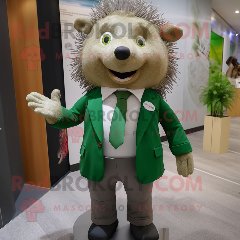 Olive Hedgehog mascot costume character dressed with a Suit Jacket and Necklaces