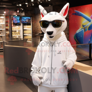 White Kangaroo mascot costume character dressed with a Sweatshirt and Sunglasses