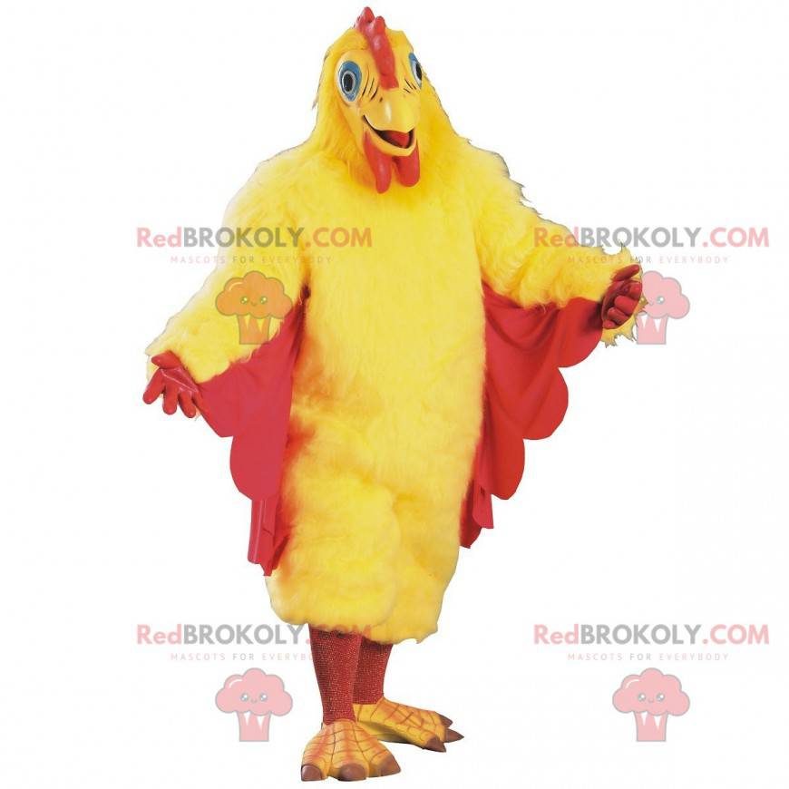 Mascotte di pollo giallo e rosso, costume da
