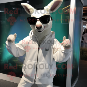 White Kangaroo mascot costume character dressed with a Sweatshirt and Sunglasses