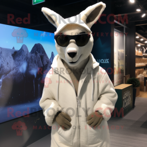 White Kangaroo mascot costume character dressed with a Sweatshirt and Sunglasses