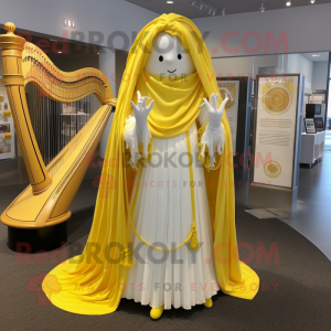 Lemon Yellow Celtic Harp mascot costume character dressed with a Wedding Dress and Shawls