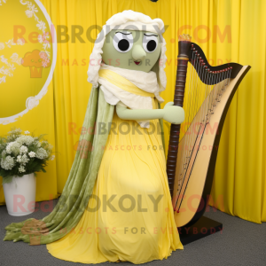 Lemon Yellow Celtic Harp mascot costume character dressed with a Wedding Dress and Shawls