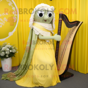 Lemon Yellow Celtic Harp mascot costume character dressed with a Wedding Dress and Shawls